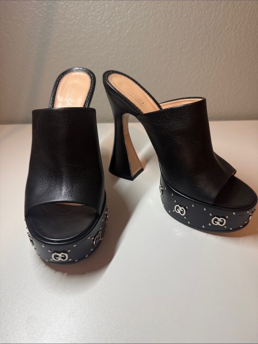 Gucci Black Leather Platform Mule Heels with Studded GG Accents